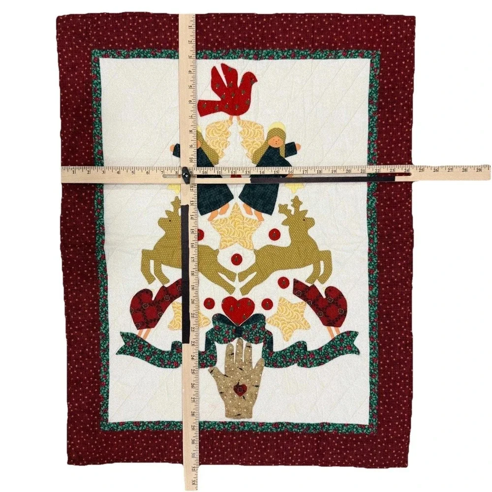 Vintage Christmas Applique Quilt Wall Hanging Angels Reindeer Folk Art 24x32